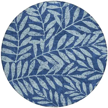 8' Navy Blue And Light Blue Round Floral Washable Indoor Outdoor Area Rug