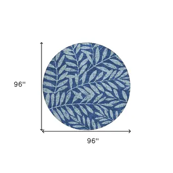 8' Navy Blue And Light Blue Round Floral Washable Indoor Outdoor Area Rug