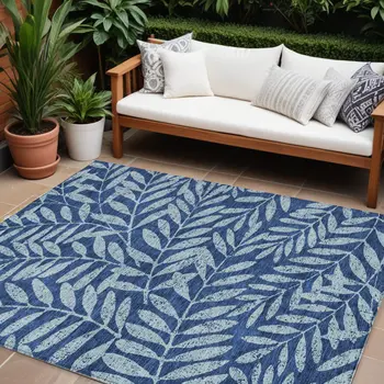 8' X 10' Navy Blue And Light Blue Floral Washable Indoor Outdoor Area Rug