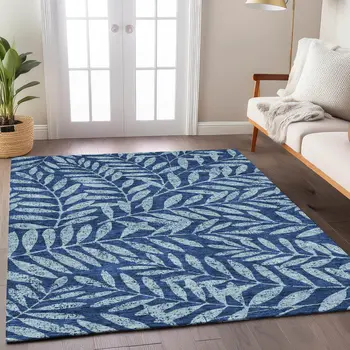 9' X 12' Navy Blue And Light Blue Floral Washable Indoor Outdoor Area Rug