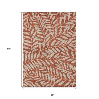 3' X 5' Orange And Ivory Floral Washable Indoor Outdoor Area Rug