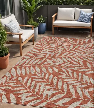 5' X 8' Orange And Ivory Floral Washable Indoor Outdoor Area Rug