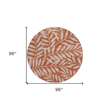 8' Orange And Ivory Round Floral Washable Indoor Outdoor Area Rug