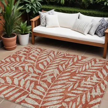 9' X 12' Orange And Ivory Floral Washable Indoor Outdoor Area Rug