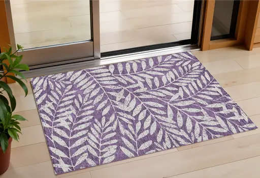 3' X 5' Purple And Ivory Floral Washable Indoor Outdoor Area Rug