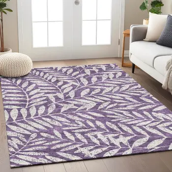 3' X 5' Purple And Ivory Floral Washable Indoor Outdoor Area Rug