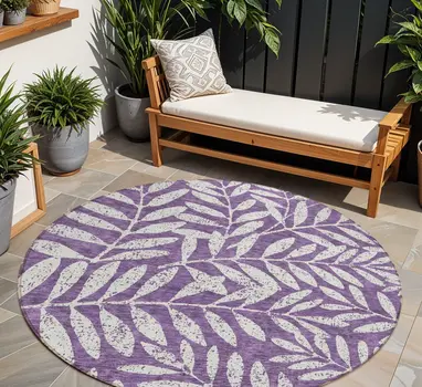8' Purple And Ivory Round Floral Washable Indoor Outdoor Area Rug
