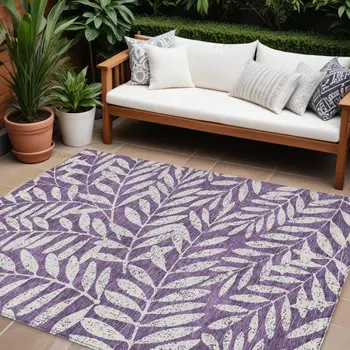 8' X 10' Purple And Ivory Floral Washable Indoor Outdoor Area Rug