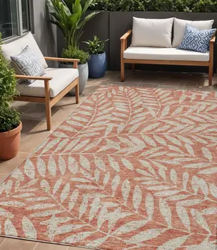 5' X 8' Salmon And Gray Floral Washable Indoor Outdoor Area Rug