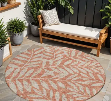 8' Salmon And Gray Round Floral Washable Indoor Outdoor Area Rug