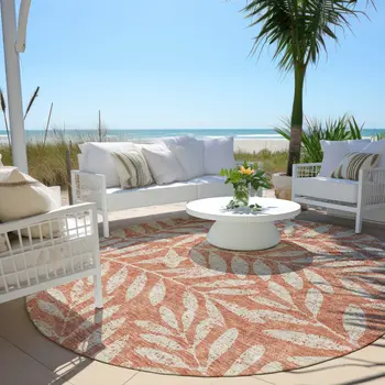 8' Salmon And Gray Round Floral Washable Indoor Outdoor Area Rug