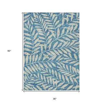 3' X 5' Teal Blue And Ivory Floral Washable Indoor Outdoor Area Rug
