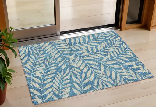 3' X 5' Teal Blue And Ivory Floral Washable Indoor Outdoor Area Rug