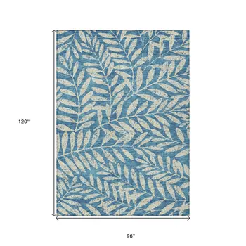 8' X 10' Teal Blue And Ivory Floral Washable Indoor Outdoor Area Rug