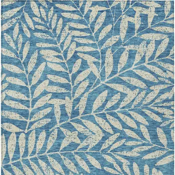 10' X 14' Teal Blue And Ivory Floral Washable Indoor Outdoor Area Rug