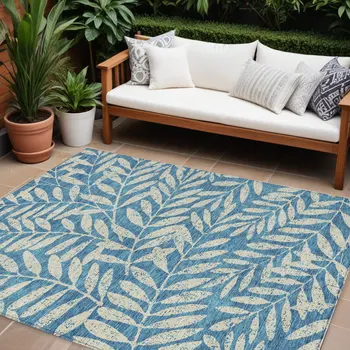 10' X 14' Teal Blue And Ivory Floral Washable Indoor Outdoor Area Rug