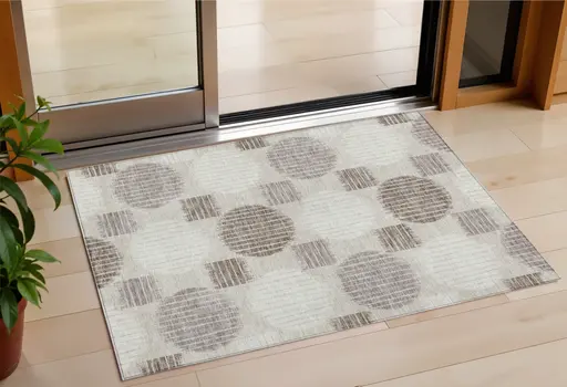 3' X 5' Beige Brown And Ivory Geometric Washable Indoor Outdoor Area Rug