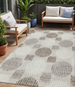 5' X 8' Beige Brown And Ivory Geometric Washable Indoor Outdoor Area Rug