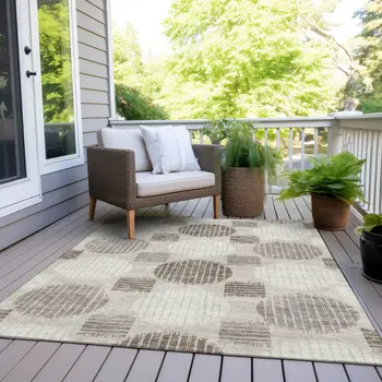 5' X 8' Beige Brown And Ivory Geometric Washable Indoor Outdoor Area Rug