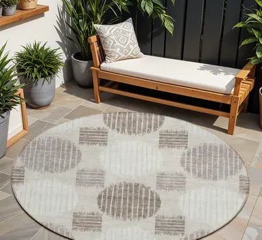 8' Beige Brown And Ivory Round Geometric Washable Indoor Outdoor Area Rug