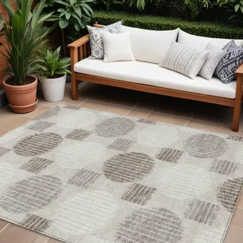 9' X 12' Beige Brown And Ivory Geometric Washable Indoor Outdoor Area Rug