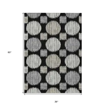 3' X 5' Black Gray And Ivory Geometric Washable Indoor Outdoor Area Rug