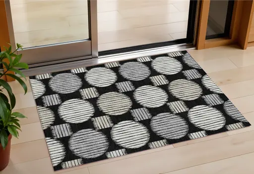 3' X 5' Black Gray And Ivory Geometric Washable Indoor Outdoor Area Rug