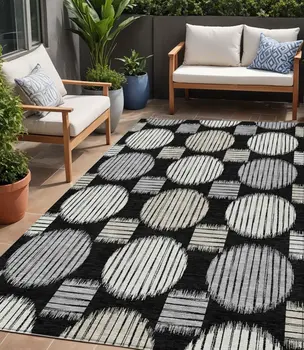 5' X 8' Black Gray And Ivory Geometric Washable Indoor Outdoor Area Rug