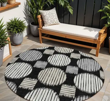 8' Black Gray And Ivory Round Geometric Washable Indoor Outdoor Area Rug