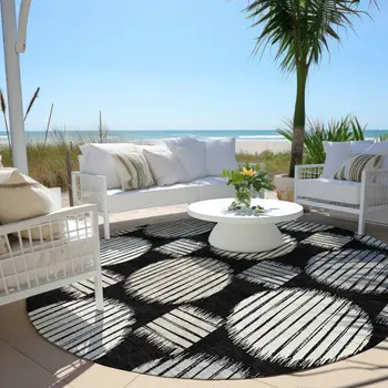 8' Black Gray And Ivory Round Geometric Washable Indoor Outdoor Area Rug