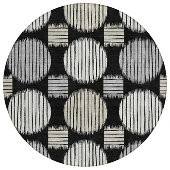 8' Black Gray And Ivory Round Geometric Washable Indoor Outdoor Area Rug