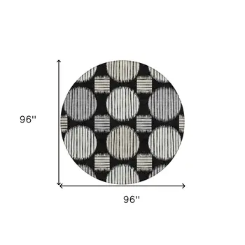 8' Black Gray And Ivory Round Geometric Washable Indoor Outdoor Area Rug