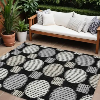 8' X 10' Black Gray And Ivory Geometric Washable Indoor Outdoor Area Rug