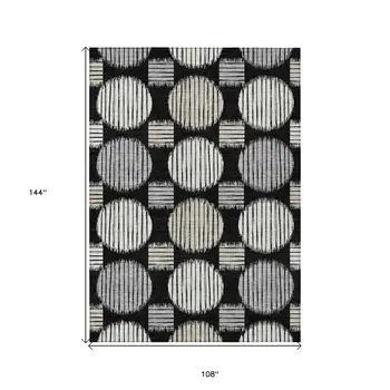 9' X 12' Black Gray And Ivory Geometric Washable Indoor Outdoor Area Rug