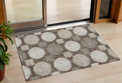 3' X 5' Brown Gray And Ivory Geometric Washable Indoor Outdoor Area Rug