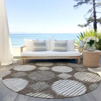 8' Brown Gray And Ivory Round Geometric Washable Indoor Outdoor Area Rug