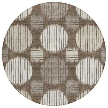 8' Brown Gray And Ivory Round Geometric Washable Indoor Outdoor Area Rug