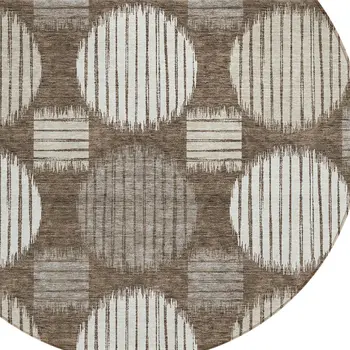 8' Brown Gray And Ivory Round Geometric Washable Indoor Outdoor Area Rug