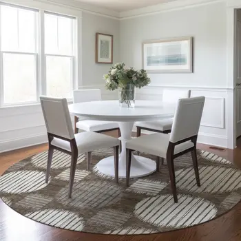 8' Brown Gray And Ivory Round Geometric Washable Indoor Outdoor Area Rug