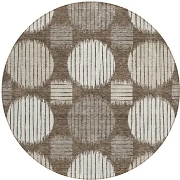 8' Brown Gray And Ivory Round Geometric Washable Indoor Outdoor Area Rug