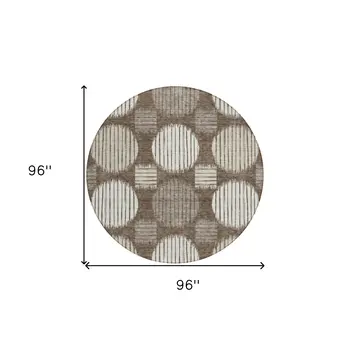 8' Brown Gray And Ivory Round Geometric Washable Indoor Outdoor Area Rug