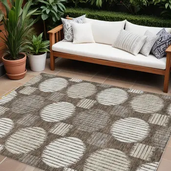 10' X 14' Brown Gray And Ivory Geometric Washable Indoor Outdoor Area Rug