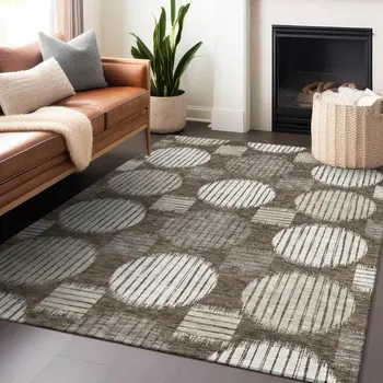 10' X 14' Brown Gray And Ivory Geometric Washable Indoor Outdoor Area Rug