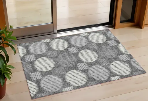 3' X 5' Charcoal And Ivory Geometric Washable Indoor Outdoor Area Rug
