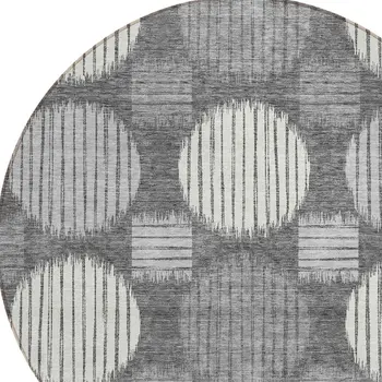 8' Charcoal And Ivory Round Geometric Washable Indoor Outdoor Area Rug
