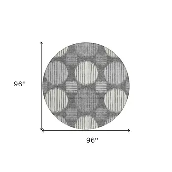8' Charcoal And Ivory Round Geometric Washable Indoor Outdoor Area Rug