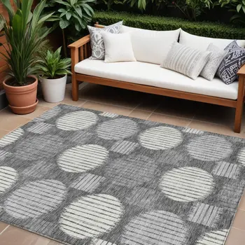 10' X 14' Charcoal And Ivory Geometric Washable Indoor Outdoor Area Rug