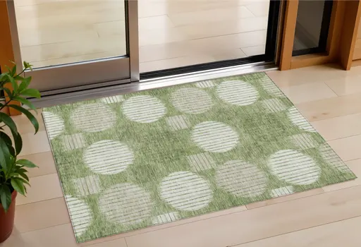 3' X 5' Green And Ivory Geometric Washable Indoor Outdoor Area Rug