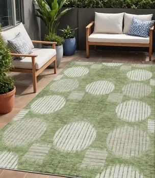 5' X 8' Green And Ivory Geometric Washable Indoor Outdoor Area Rug