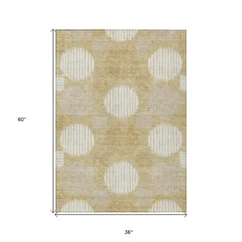 3' X 5' Gold Gray And Ivory Geometric Washable Indoor Outdoor Area Rug